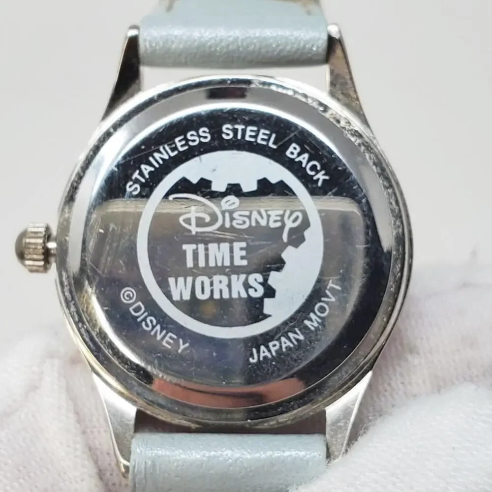 Disney Tinker Bell Round Silver Analog Watch Blue Leather Band Women's